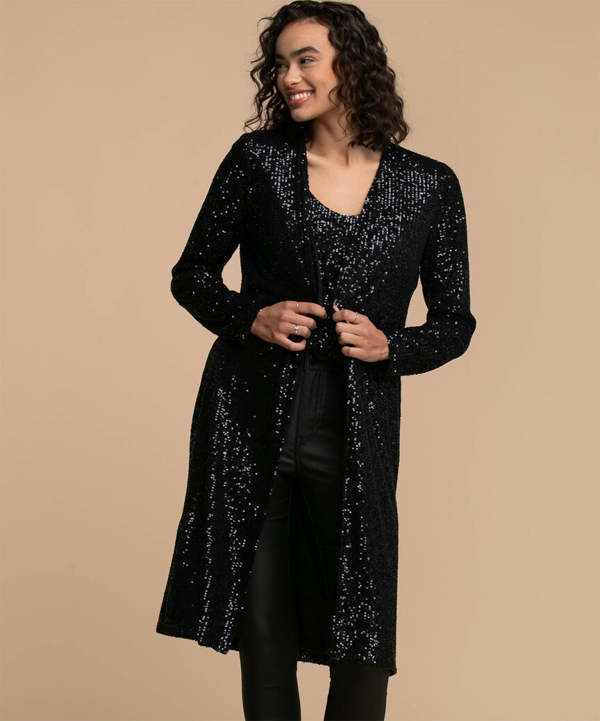 PROMLINK Women Sequin Cardigan Dusters Sparkly Blazer with  Pockets,Belt,Silver,S : : Clothing, Shoes & Accessories