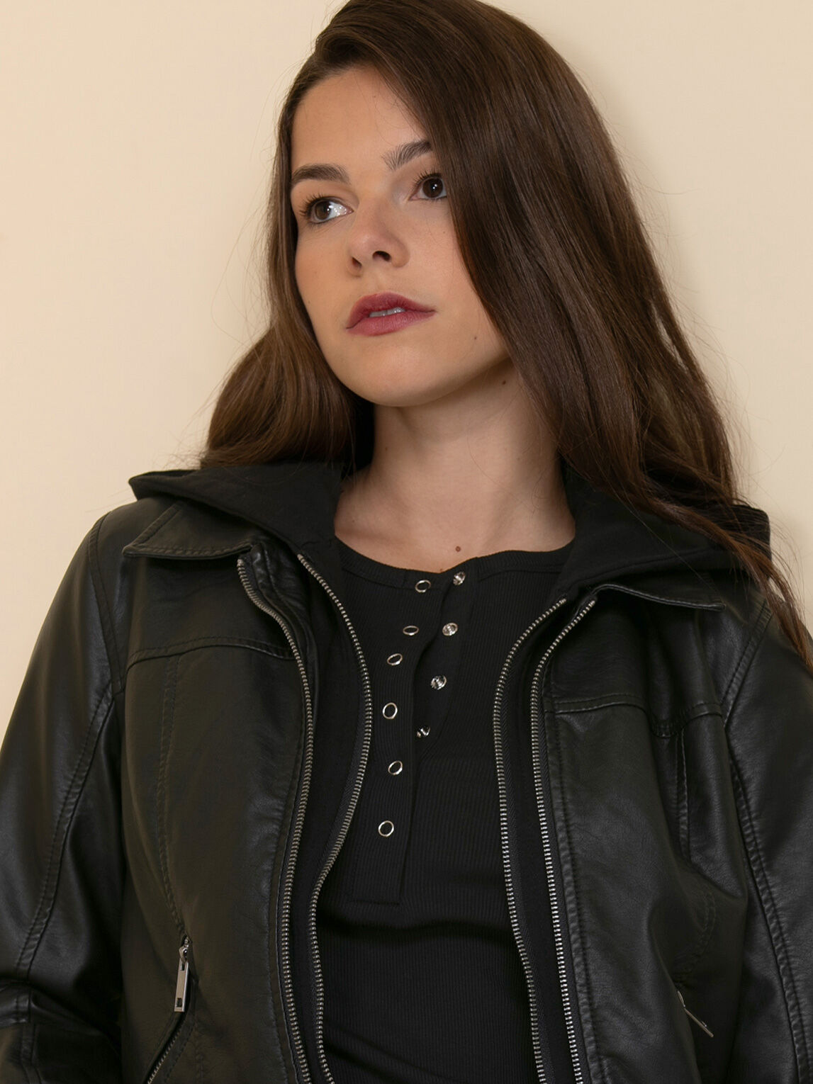 Faux Leather Jacket with Fleece Hood By Sebby Collection | Sebby 