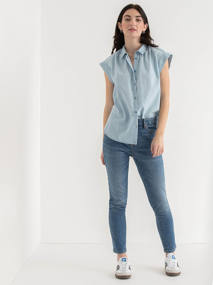 Relaxed Fit Button Up Denim Blouse Image 1