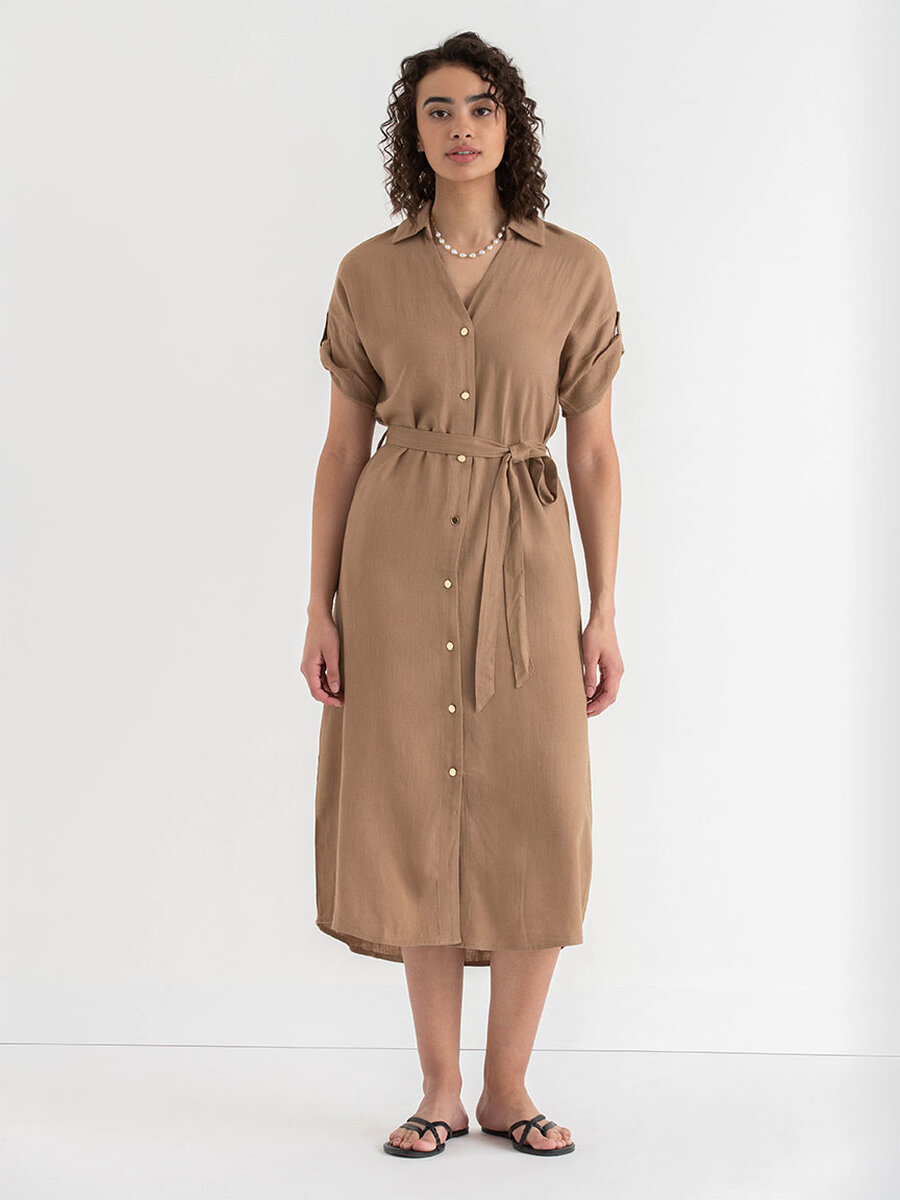 Linen Shirtdress with Roll Sleeves