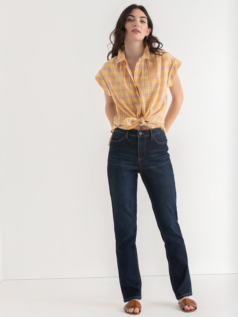 Relaxed Fit Yellow Plaid Button Up Blouse