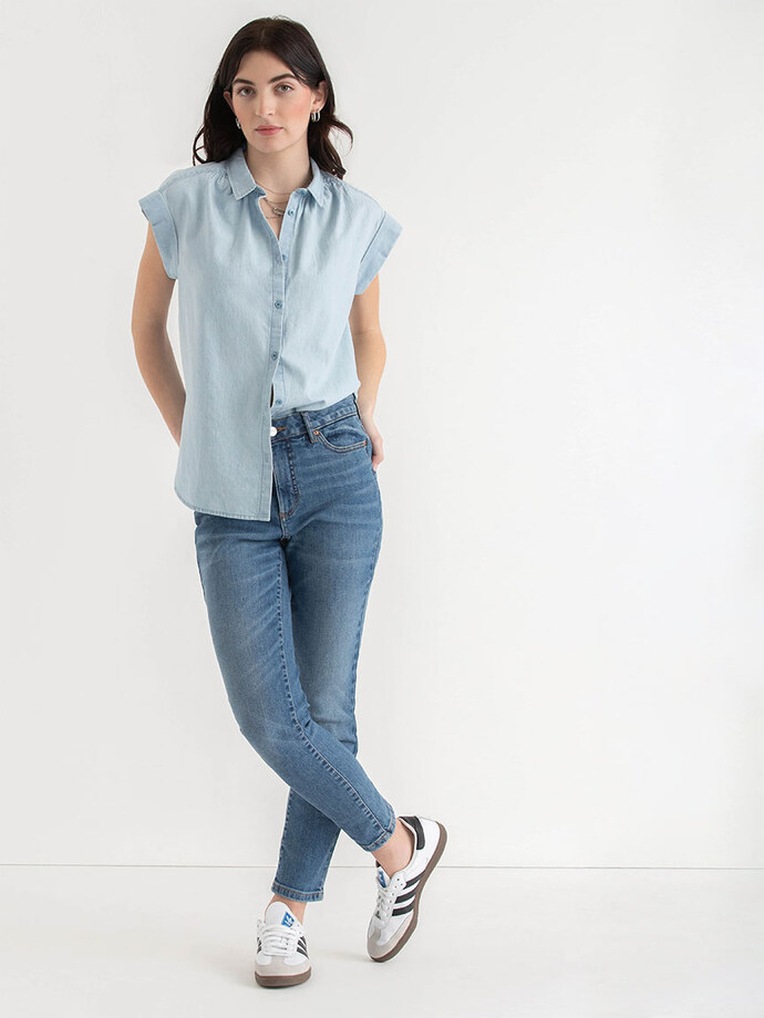 Relaxed Fit Button Up Denim Blouse Image 3