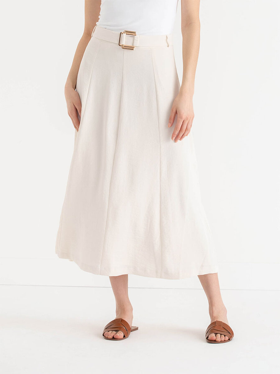 A-Line Textured Midi Skirt with Buckle