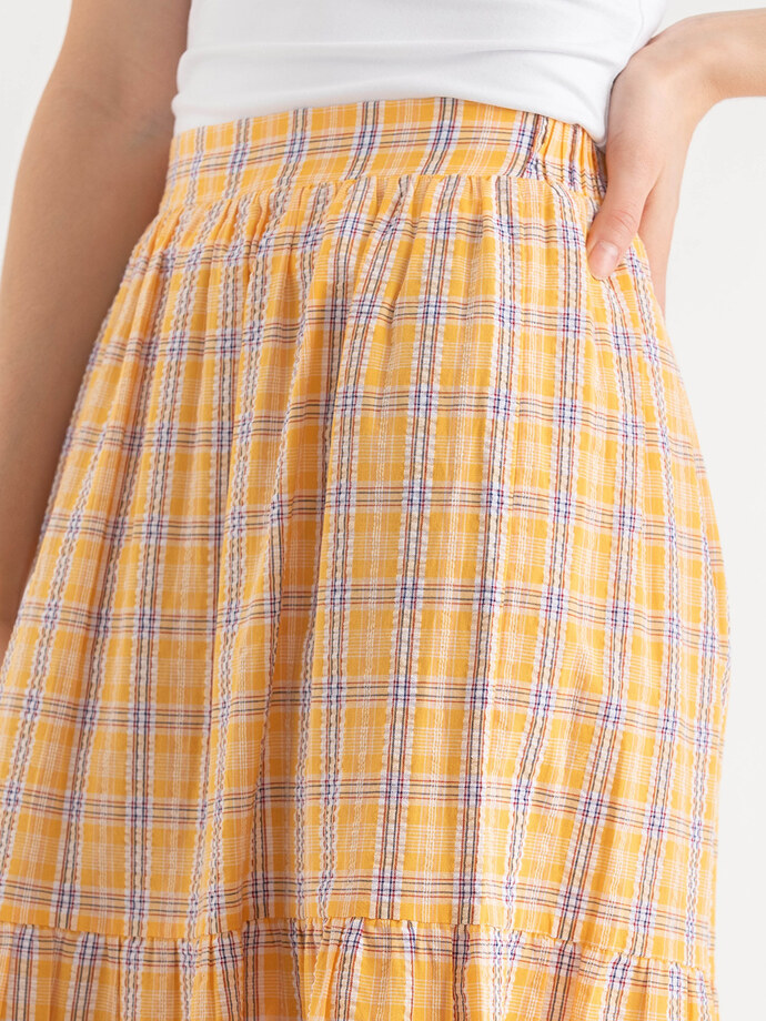Tiered Yellow Plaid Midi Skirt Image 3