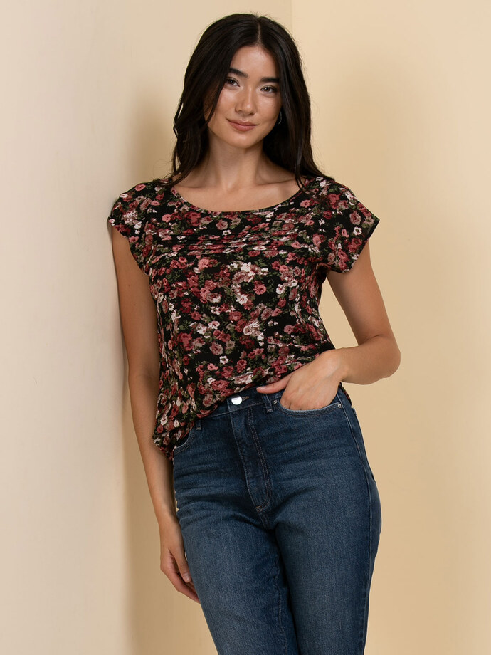 Short Sleeve Pleated Pintuck Scoop Neck Blouse Image 2
