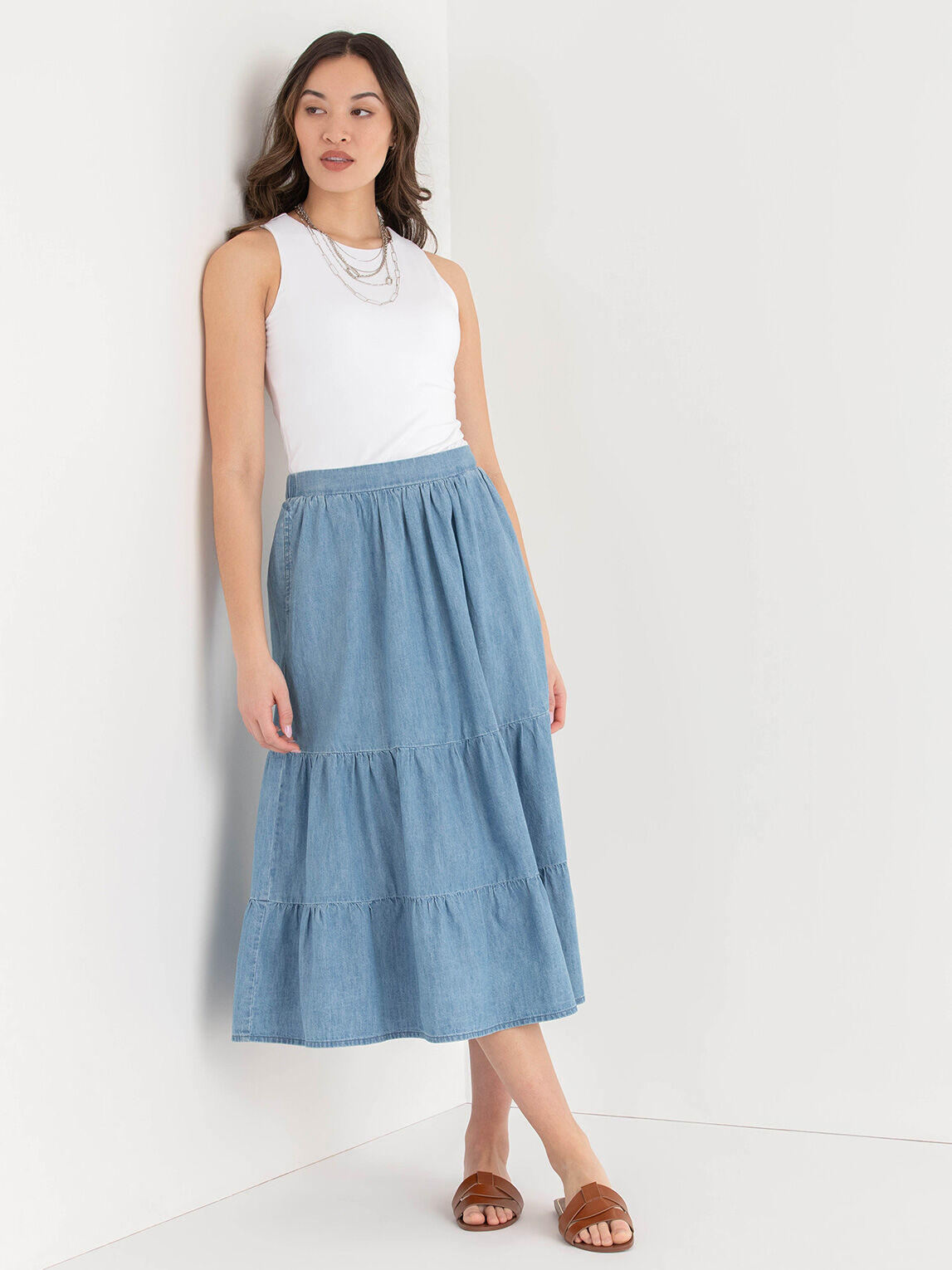 THE TIFFANY TIERED TENCEL SKIRT IN LIGHT WASH – Pink Desert