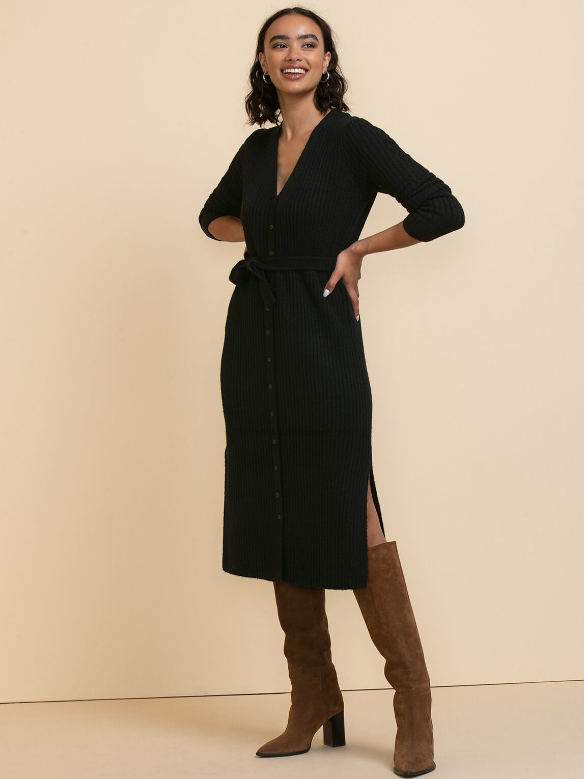 Belted Button-Front Sweater Dress | Rickis
