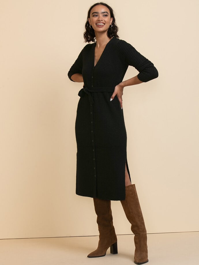Belted Button-Front Sweater Dress  Image 1