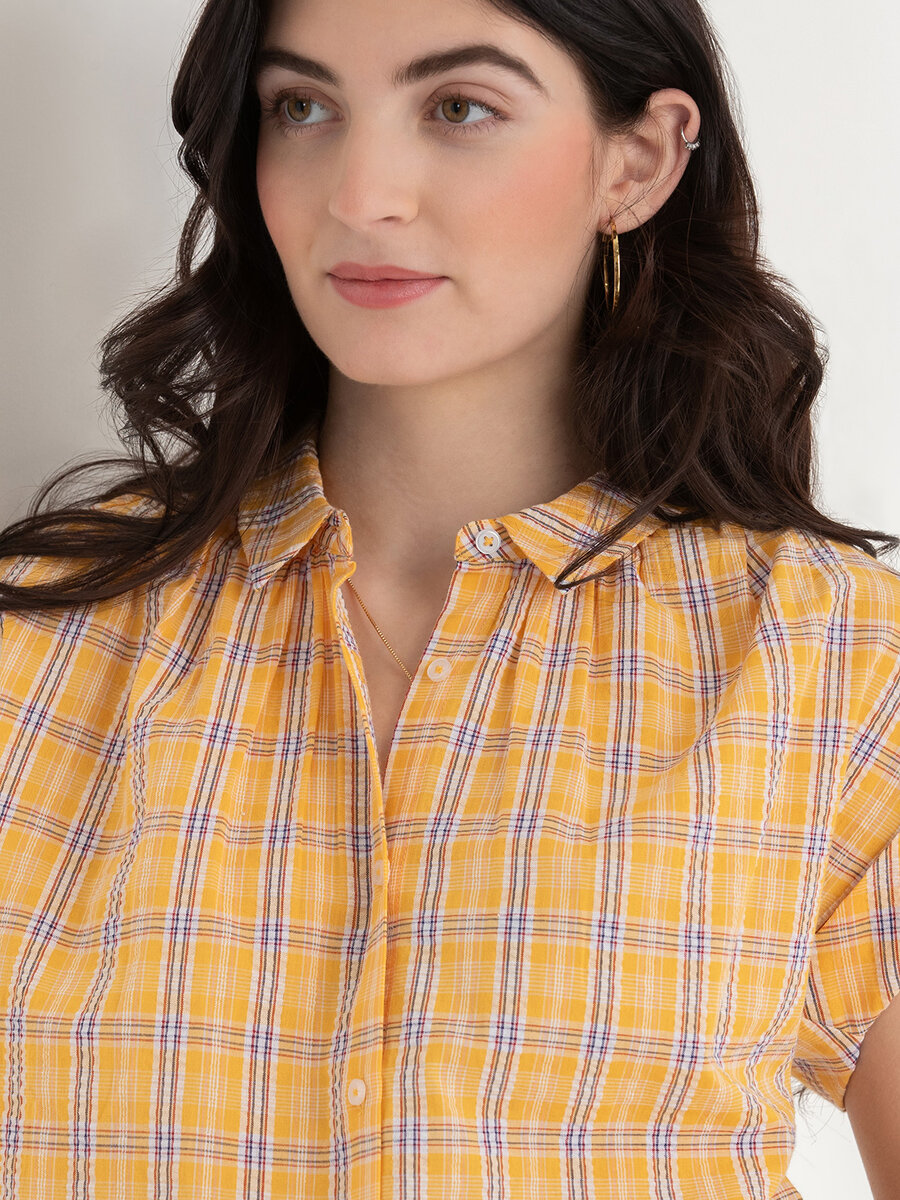 Relaxed Fit Yellow Plaid Button Up Blouse