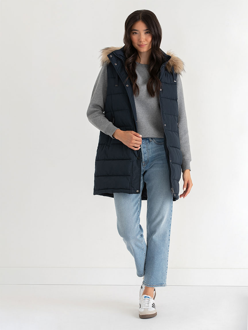 Carlyn Long Puffer Vest with Detachable Hood & Fur Trim