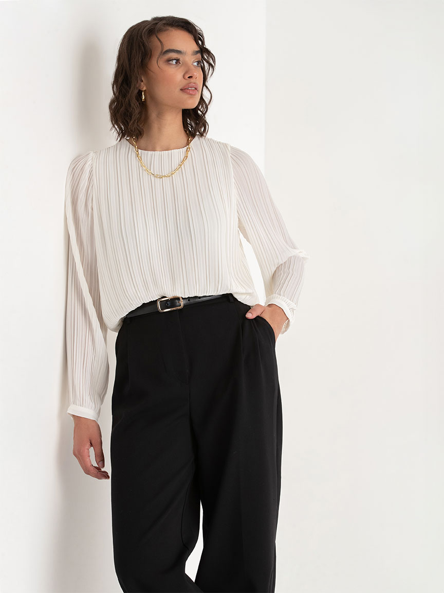 Long Sleeve Box Pleat Chiffon Blouse