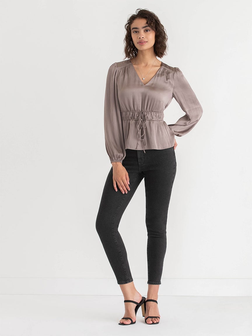 Long Sleeve Charmeuse V-Neck Blouse