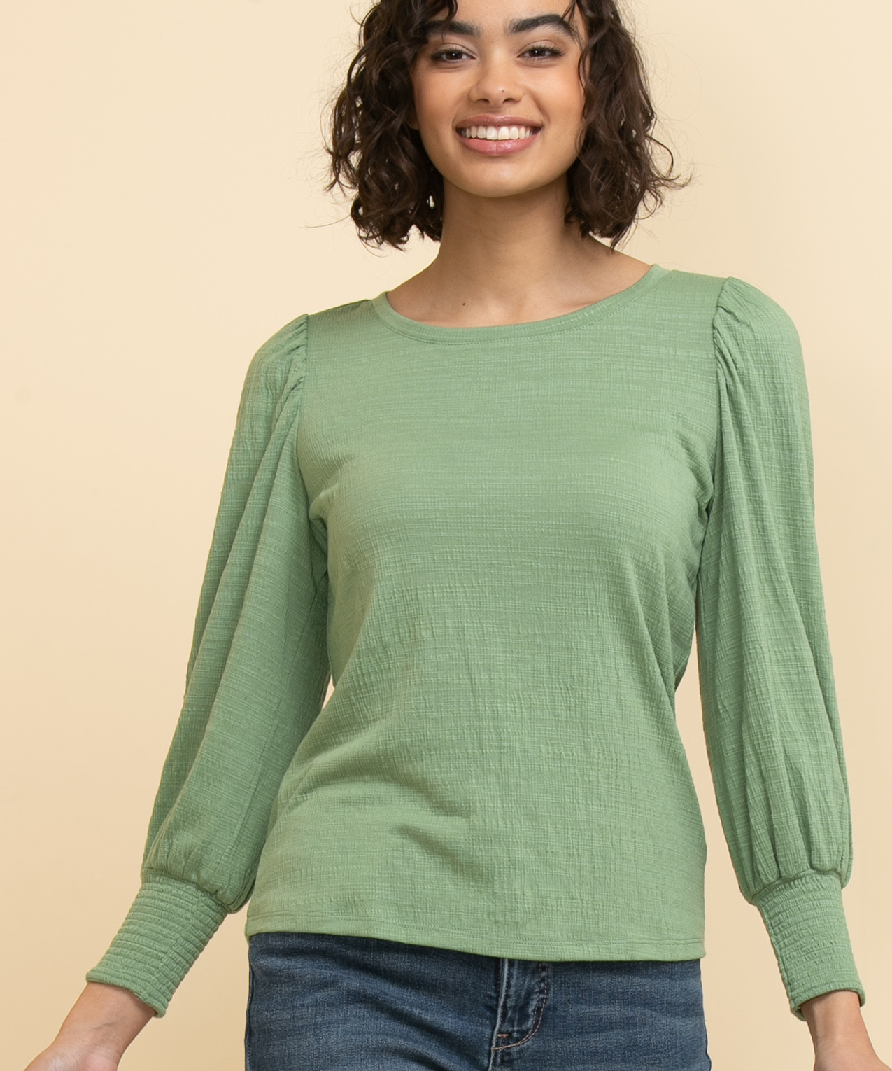 Long Sleeve Scoop Neck Top with Smocked Cuffs