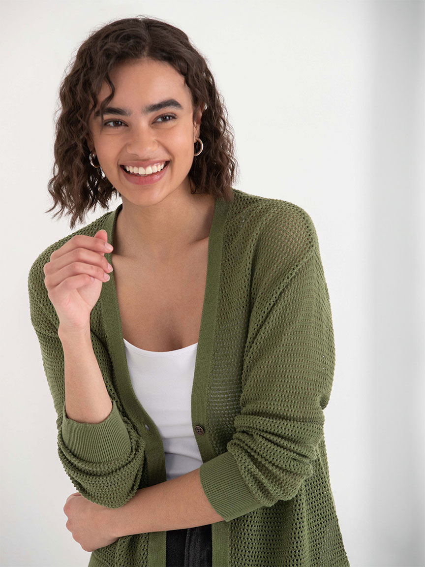 Open-Stitch Button-Front Cardigan