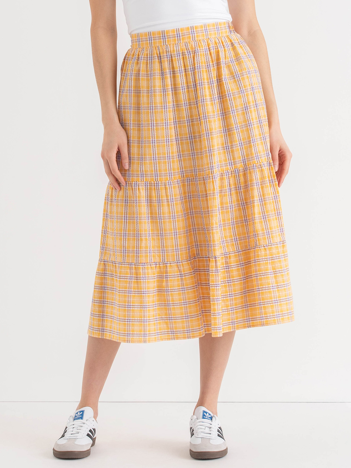 Tiered Yellow Plaid Midi Skirt