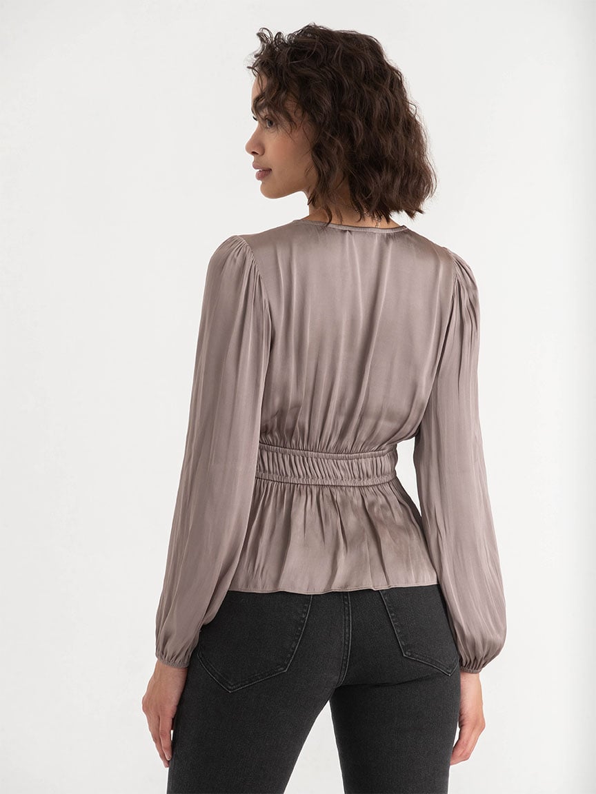 Long Sleeve Charmeuse V-Neck Blouse