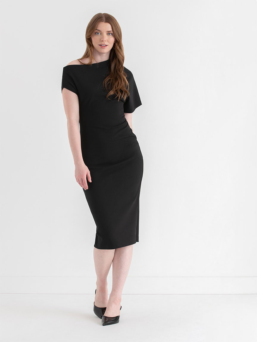 Asymmetrical Sleeve Midi Dress Iconic Crepe