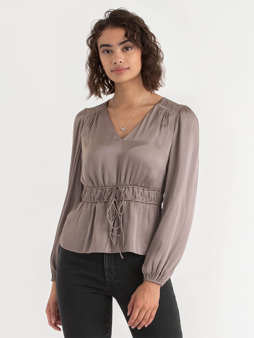 Long Sleeve Charmeuse V-Neck Blouse