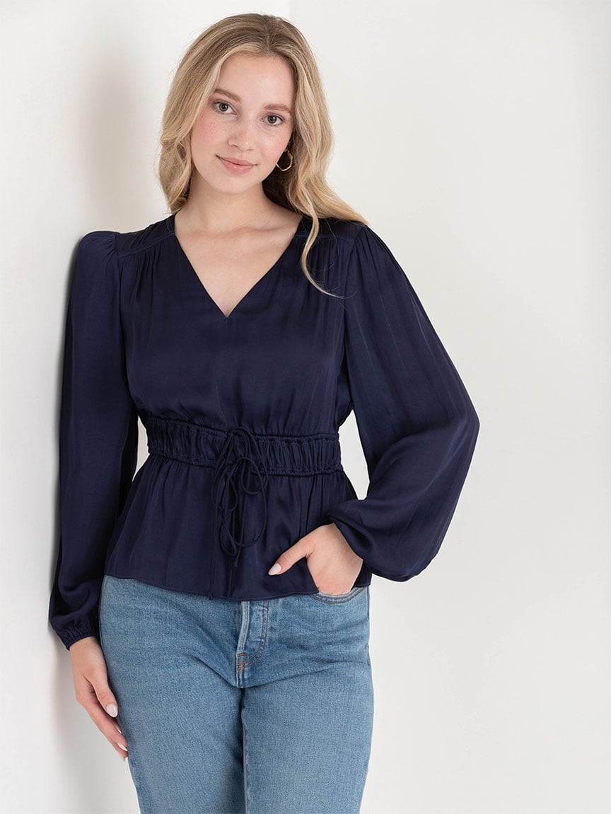 Long Sleeve Charmeuse V-Neck Blouse