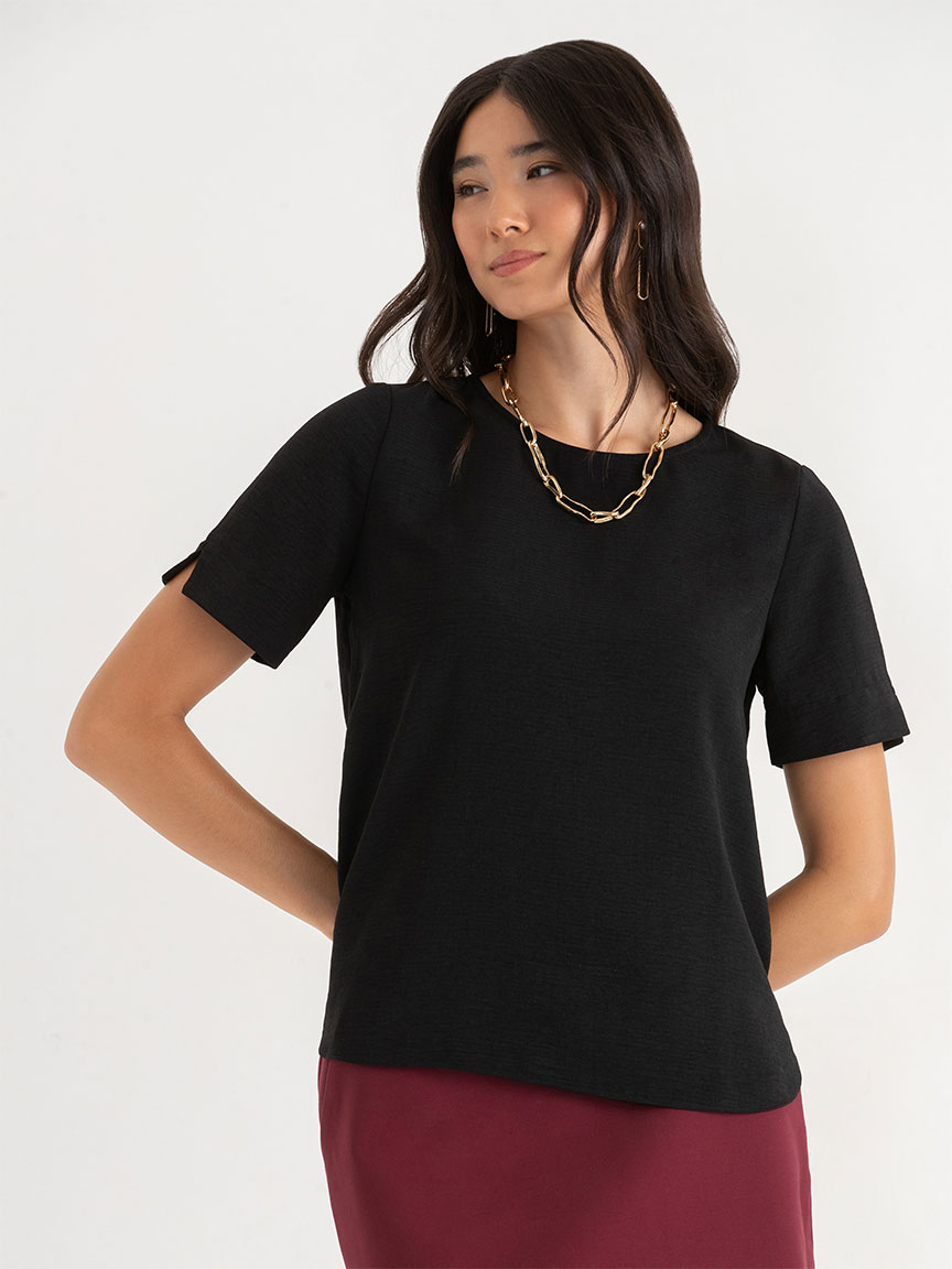 Shailene Textured Short Sleeve Blouse with Key-Hole Back