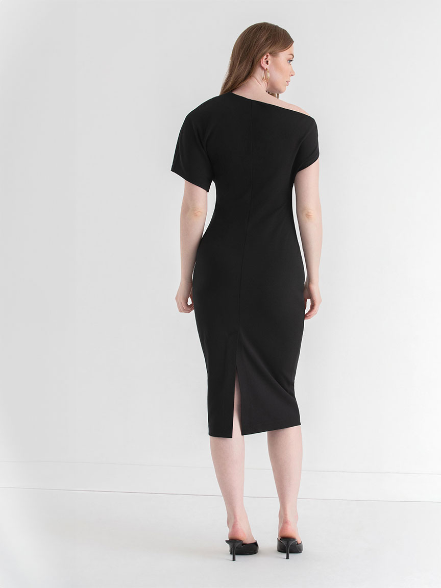 Asymmetrical Sleeve Midi Dress Iconic Crepe