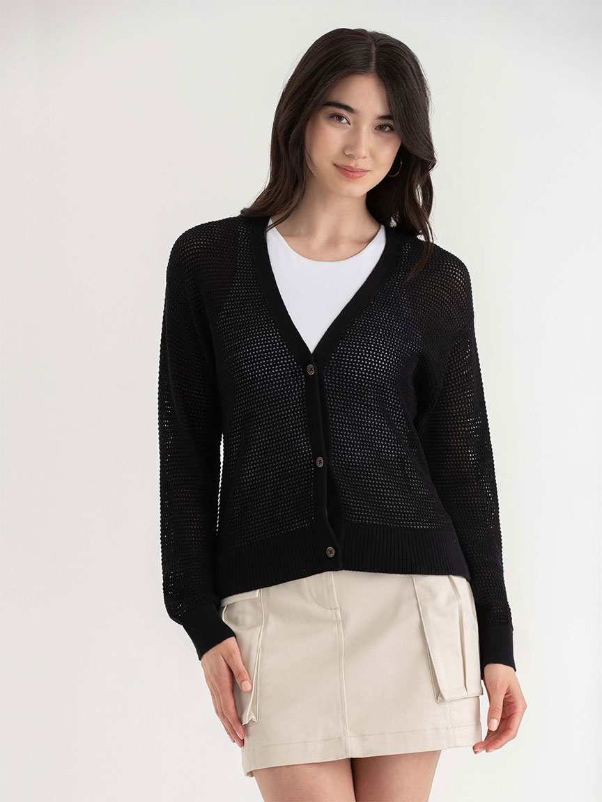 Open-Stitch Button-Front Cardigan