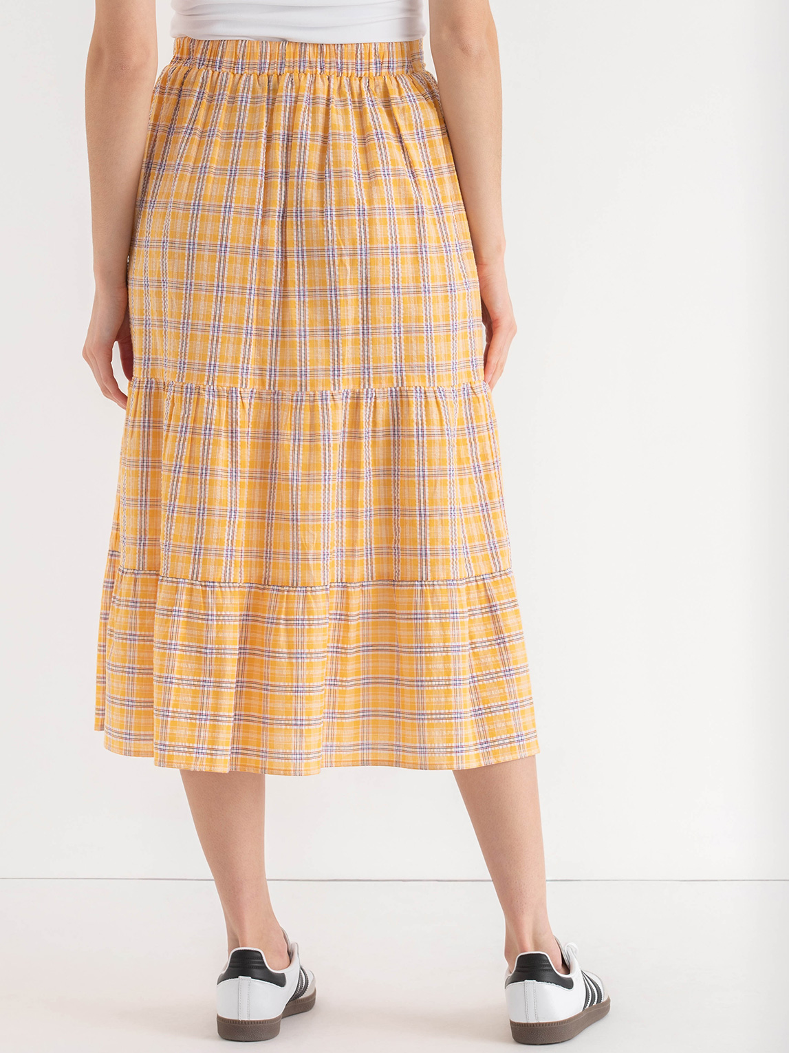 Tiered Yellow Plaid Midi Skirt
