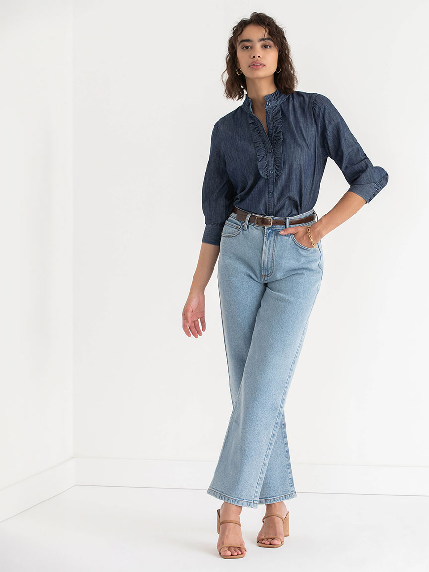 Ruffle Placket Long Sleeve Blouse