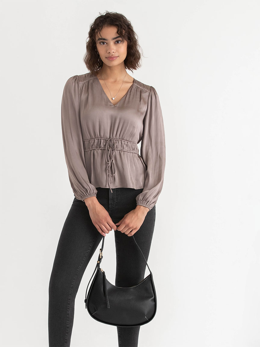 Long Sleeve Charmeuse V-Neck Blouse