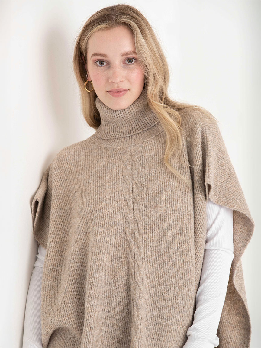 Turtleneck Poncho Sweater with Cable Knit Detail