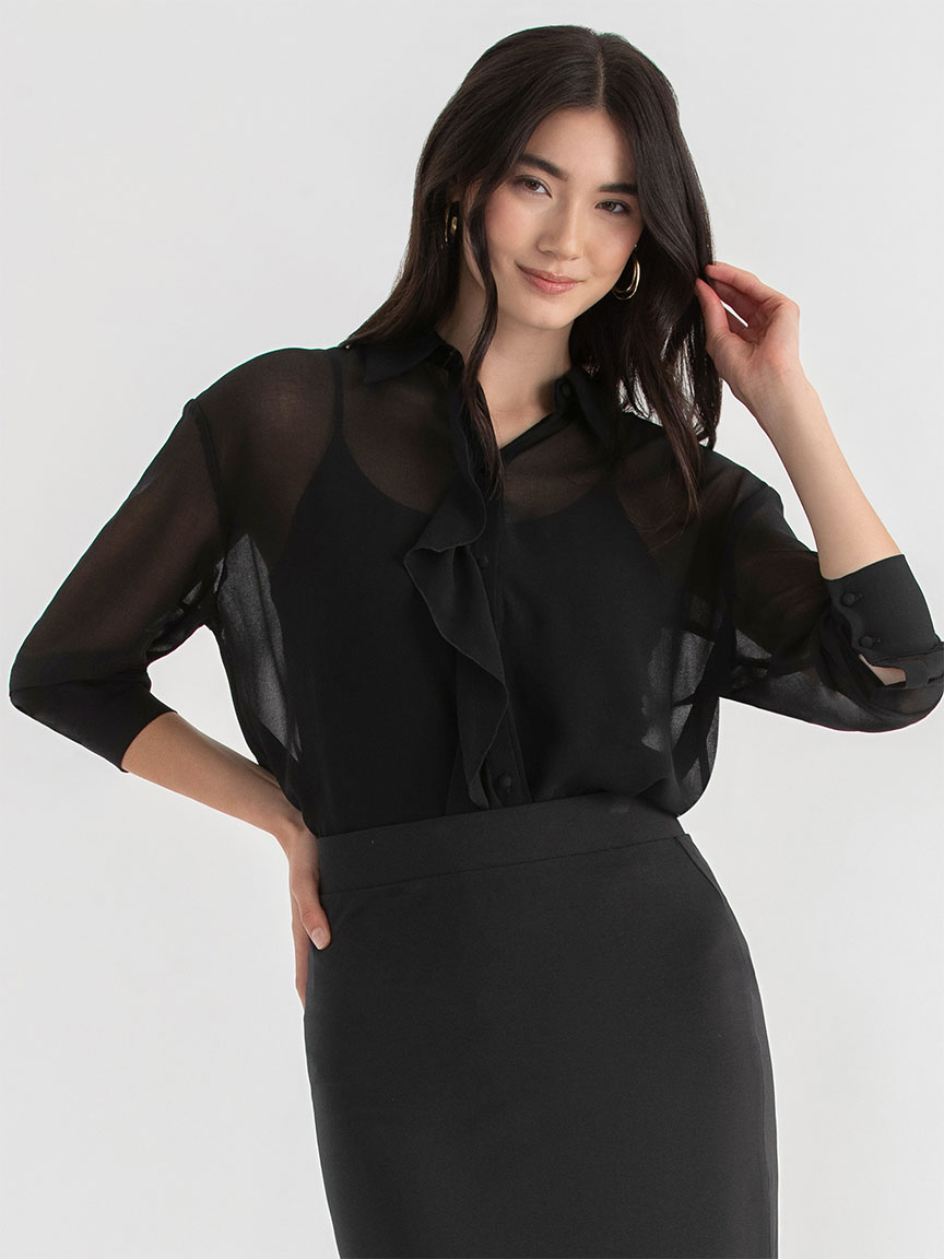 Ruffle Placket Sheer Blouse