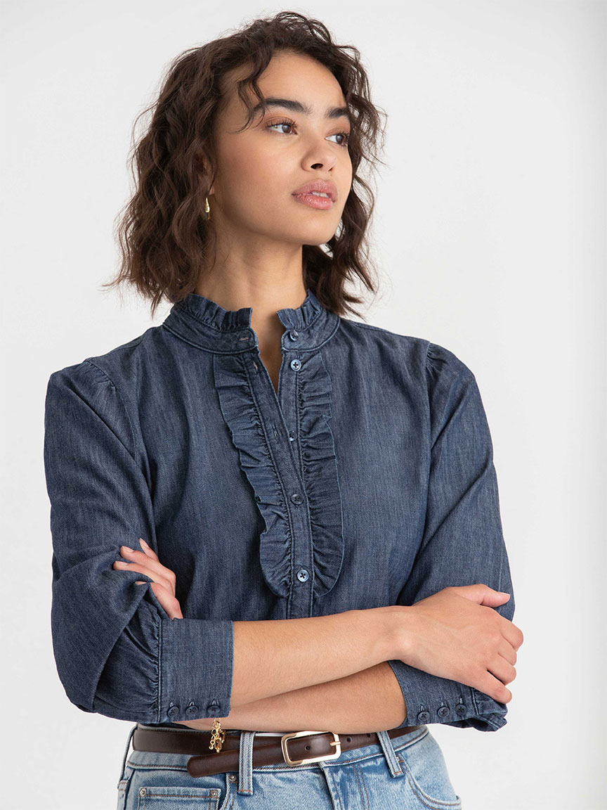 Ruffle Placket Long Sleeve Blouse