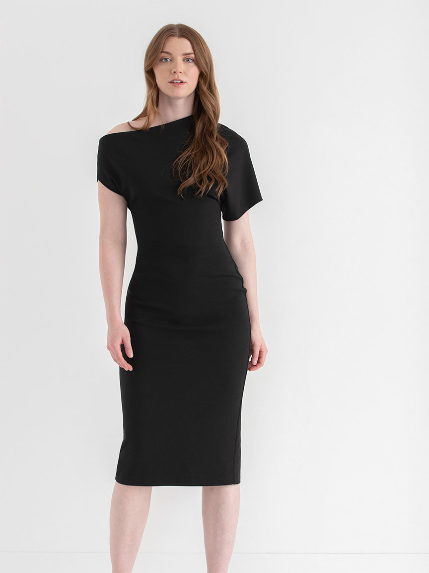 Asymmetrical Sleeve Midi Dress Iconic Crepe