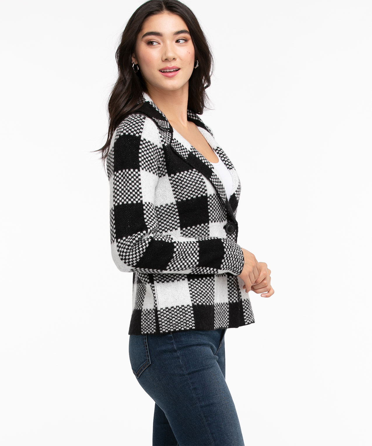 One-Button Plaid Sweater Jacket
