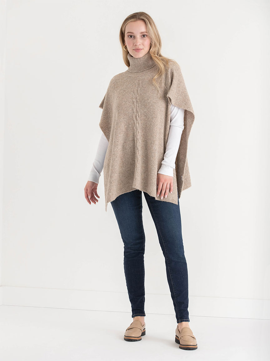 Turtleneck Poncho Sweater with Cable Knit Detail