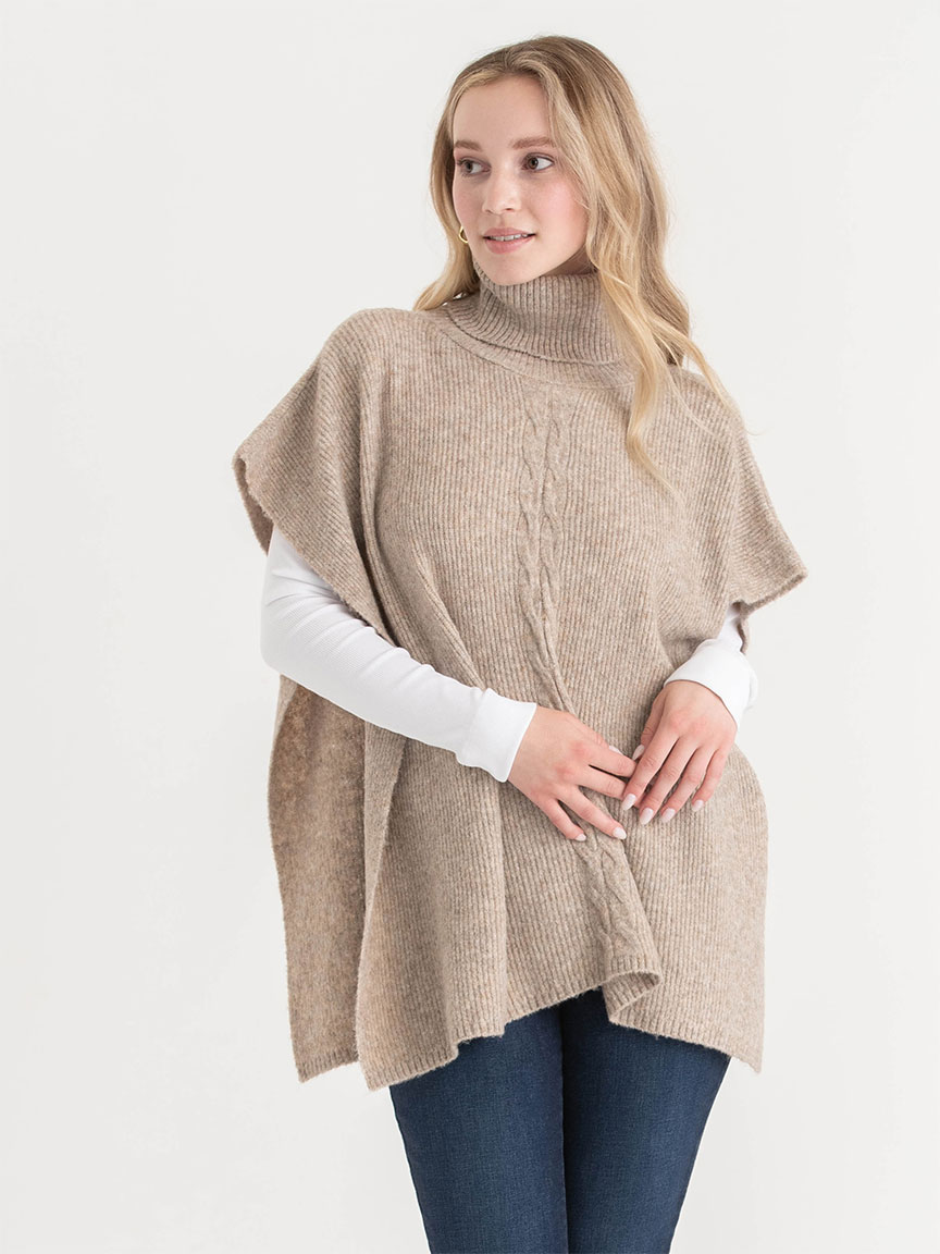 Turtleneck Poncho Sweater with Cable Knit Detail