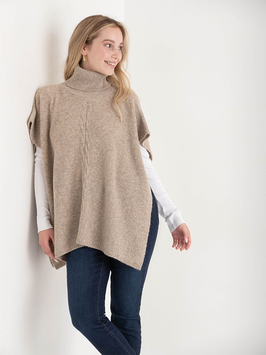 Turtleneck Poncho Sweater with Cable Knit Detail