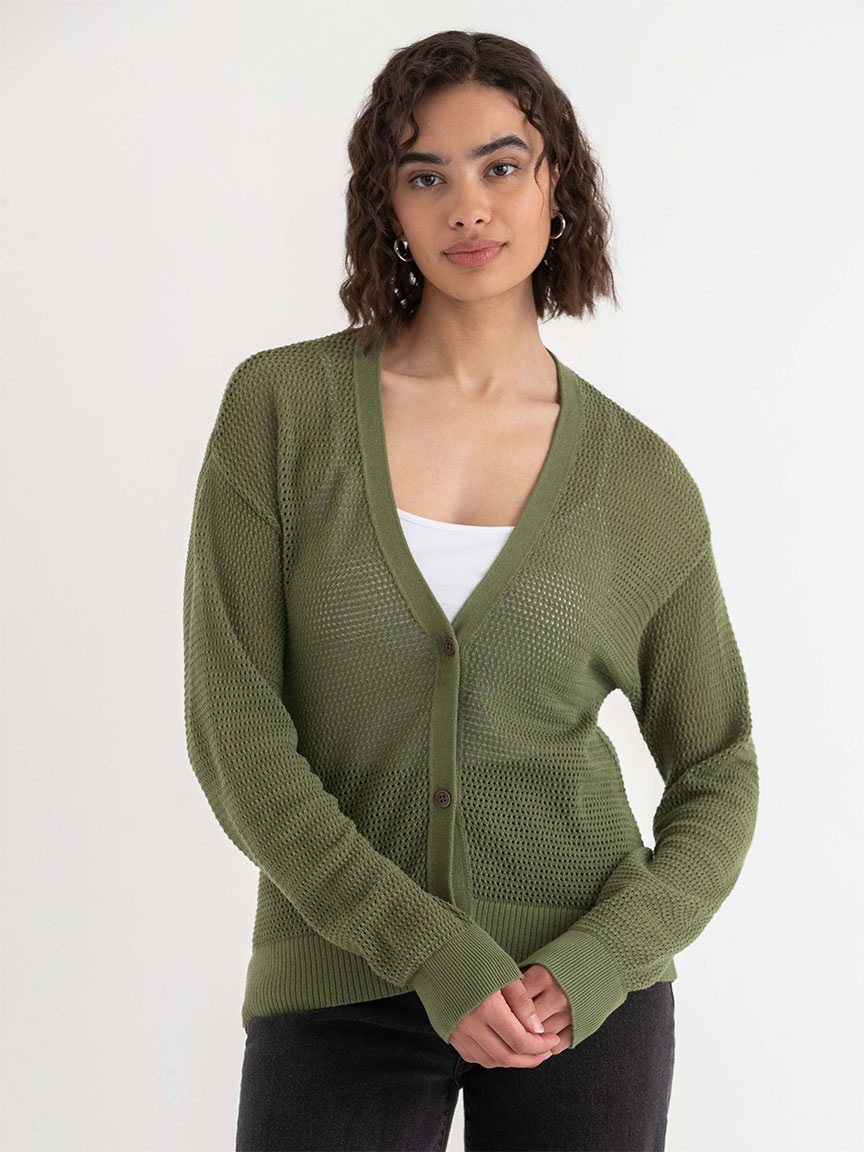 Open-Stitch Button-Front Cardigan