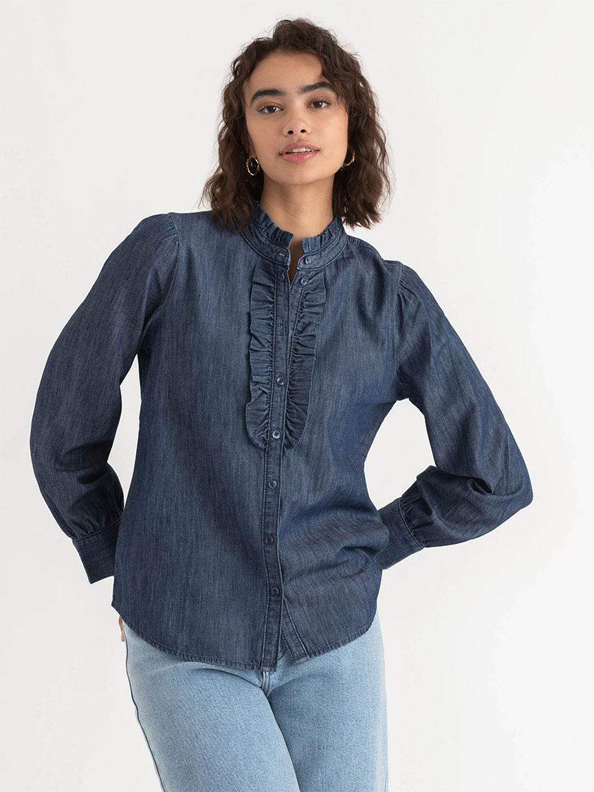 Ruffle Placket Long Sleeve Blouse