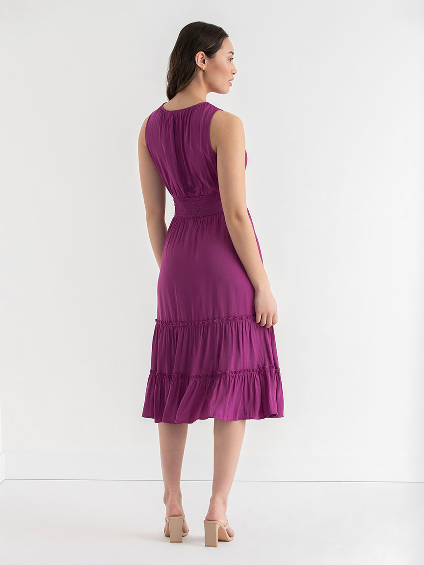 Sleeveless Ruffle Tiered Charmeuse Satin Midi Dress