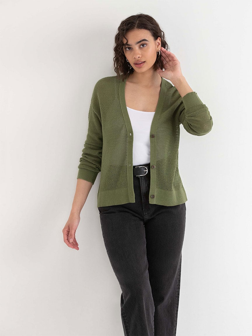 Open-Stitch Button-Front Cardigan