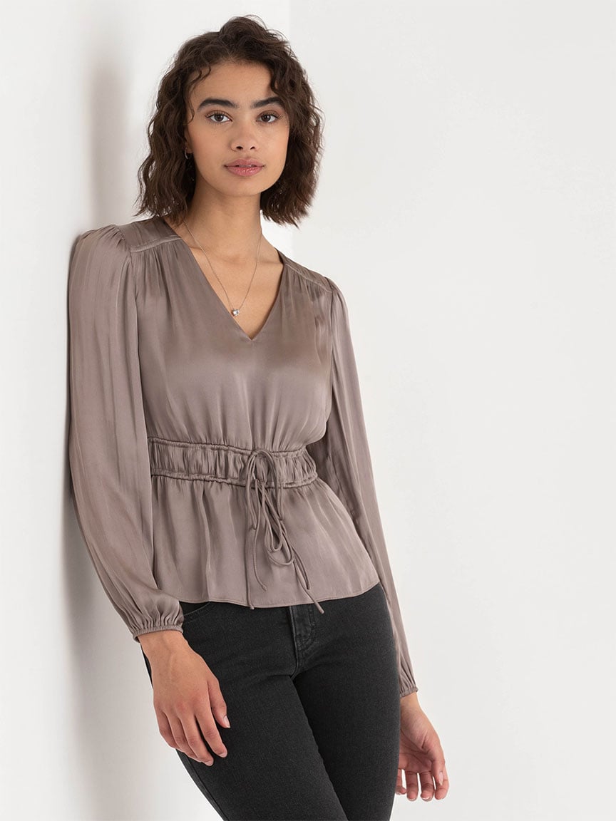 Long Sleeve Charmeuse V-Neck Blouse