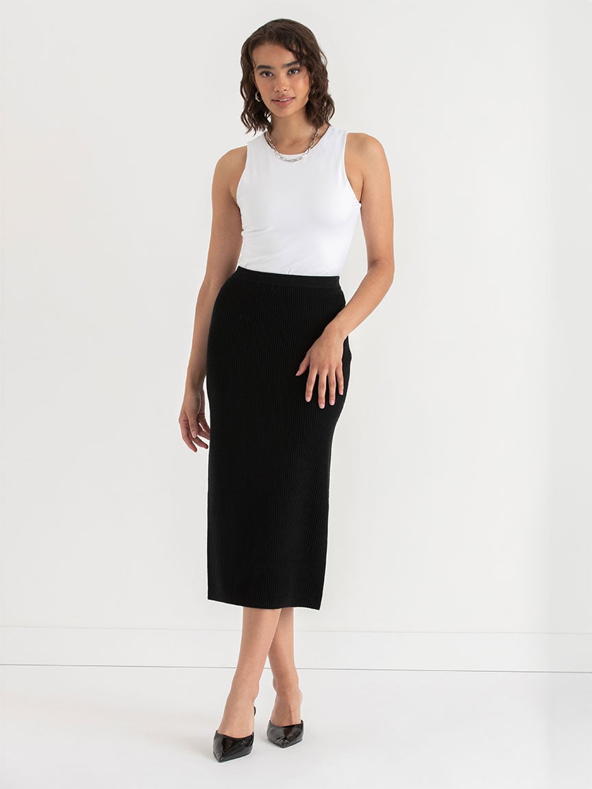 Ribbed Knit Column Midi Skirt