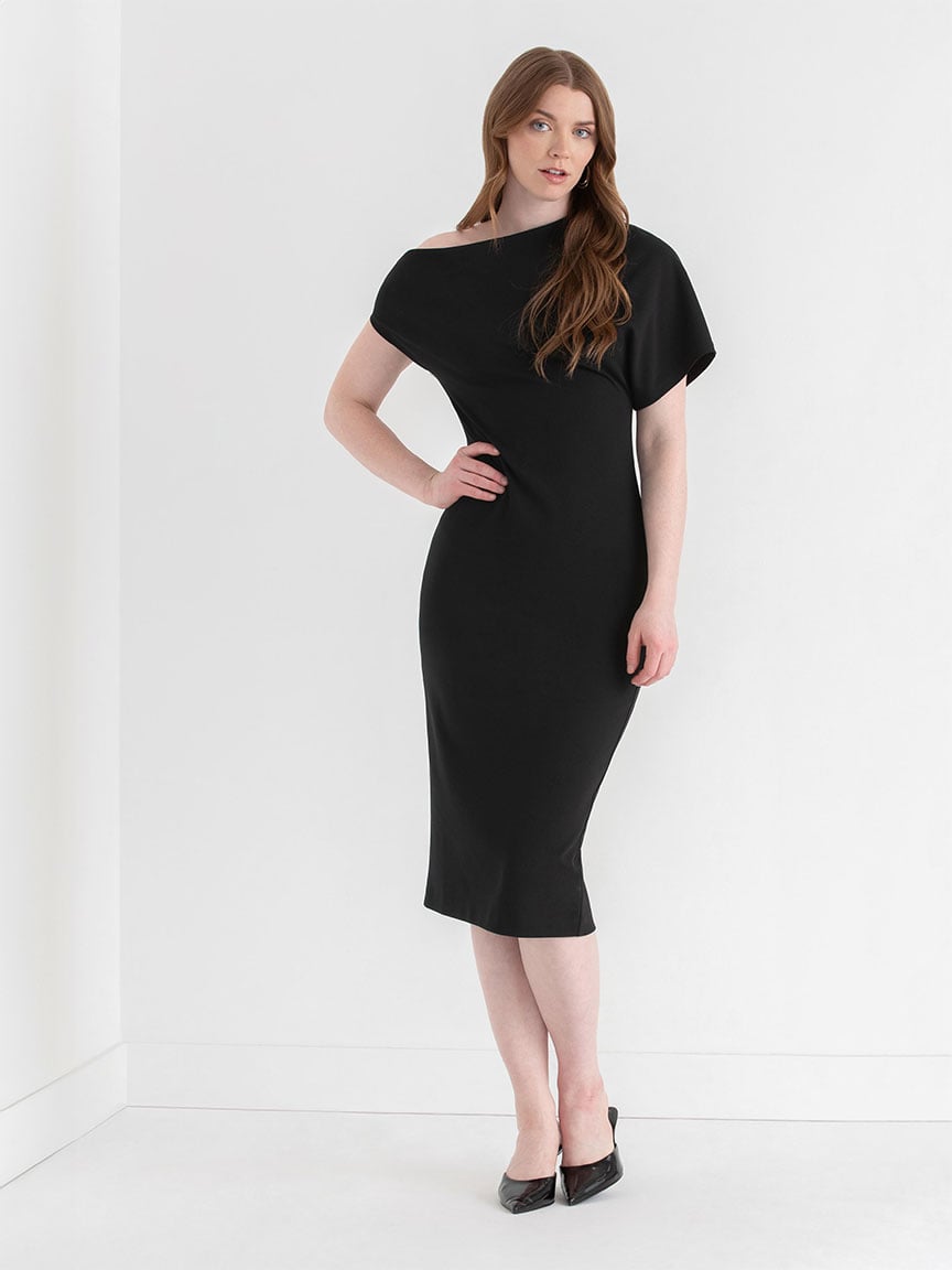 Asymmetrical Sleeve Midi Dress Iconic Crepe