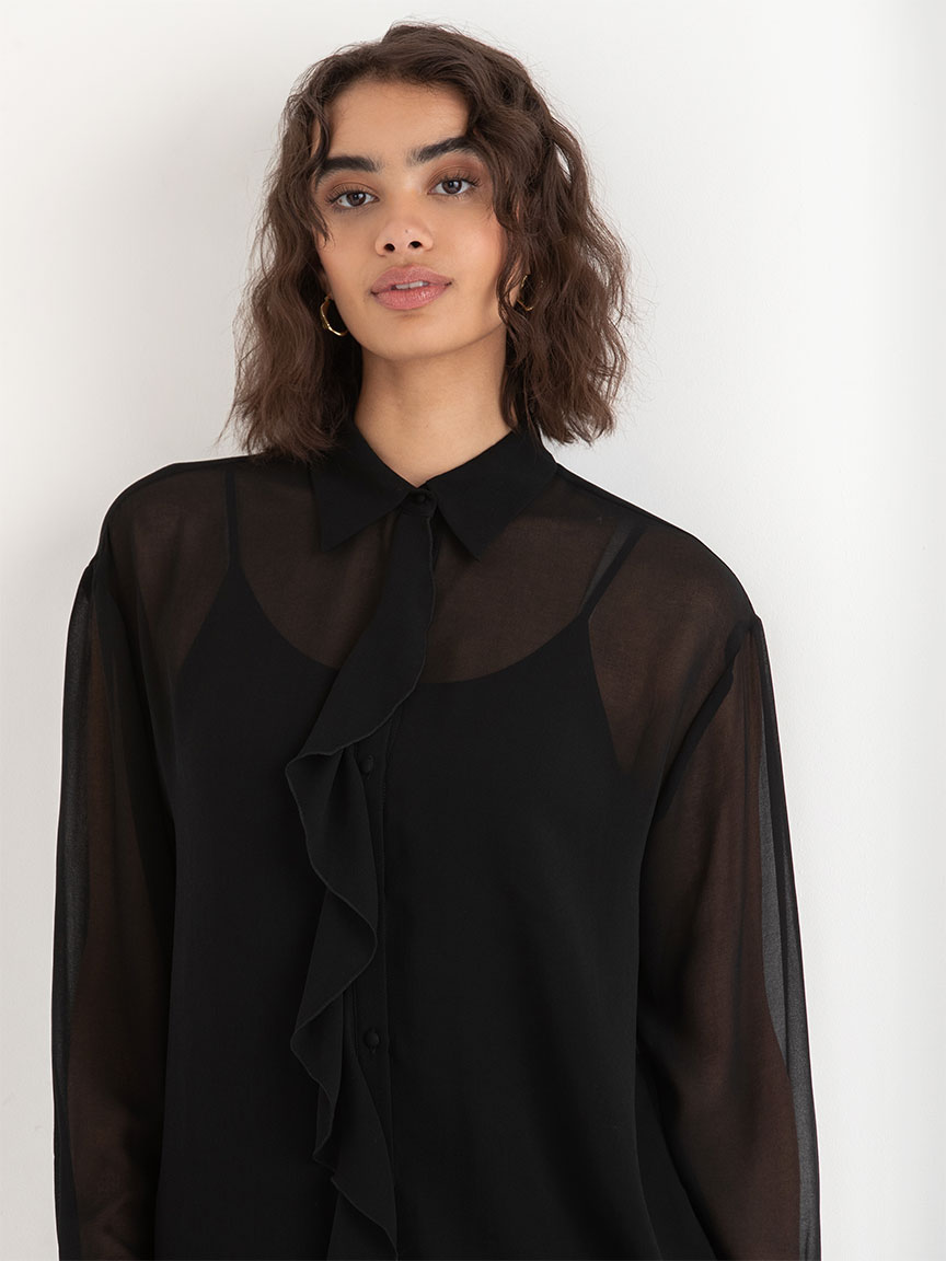 Ruffle Placket Sheer Blouse